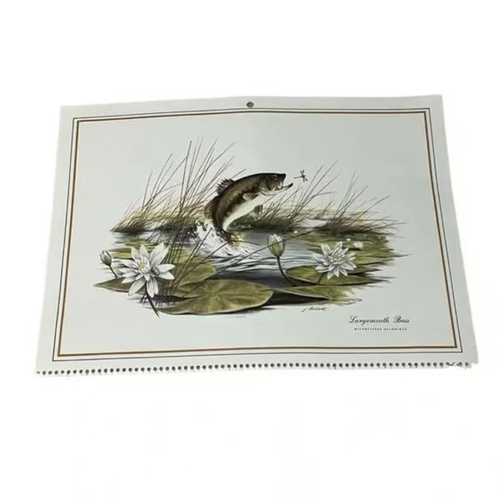 Large Mouth Bass Vintage Lithograph Signed J Lockhart Print From Calendar 1979